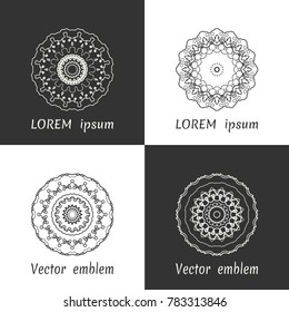 Vector set of line logo design templates. Black and white geometric mandala ornaments in trendy linear style for luxury products, organic cosmetics packaging