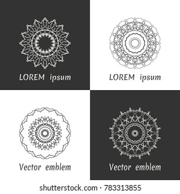 Vector set of line logo design templates. Black and white geometric mandala ornaments in trendy linear style for luxury products, organic cosmetics packaging