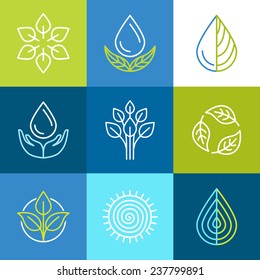 Vector set of line logos and signs - organic emblems and ecology badges