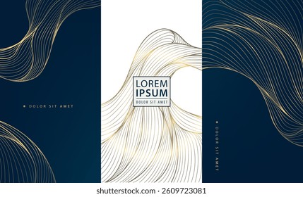 Vector set of line luxury gold labels, royal box package background, wine, wedding, perfume, jewelry design ornament. Wavy abstract art deco texture