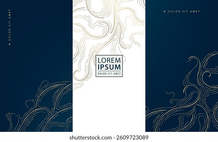 Vector set of line luxury gold labels, royal box package background, wine, wedding, perfume, jewelry design ornament. Wavy abstract art deco texture