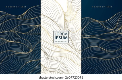 Vector set of line luxury gold labels, royal box package background, wine, wedding, perfume, jewelry design ornament. Wavy abstract art deco texture