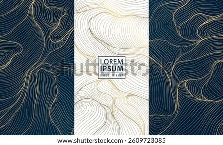 Vector set of line luxury gold labels, royal box package background, wine, wedding, perfume, jewelry design ornament. Wavy abstract art deco texture