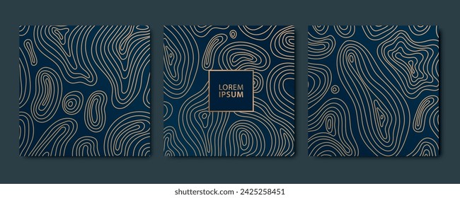 Vector set of line map gold patterns, typography contour textures. Mountain curve luxury art, outline geometric shape, wave graphic land design.