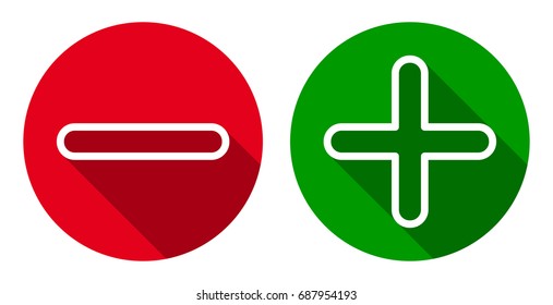 Vector set of line minus & plus signs icons, flat round buttons. EPS10