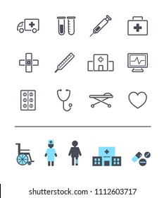Vector set of line modern medicine icons, hospital, nurse, disease signs. Use for infographics, web, brochures, posters.