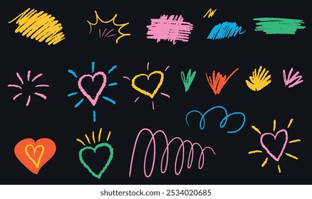 Conjunto de vetores de elementos de movimento de linha. Pincel desenhado à mão colorido rabiscar formas de expressão, linhas, coração, plano de fundo de efeitos gráficos para texto em estilo infantil