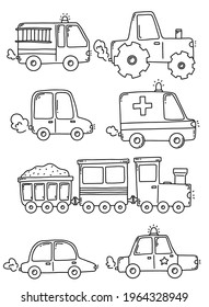 Vector set of line traffic elements. Cartoon train. police, ambulance, tractor, firefighters. Collection of modern hand drawn illustrations.