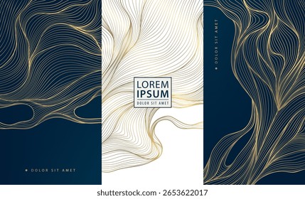 Conjunto de Vector de tarjetas asiáticas de onda de línea, oro de lujo sobre fondo negro, patrón elegante abstracto de agua. Plantilla oriental del mar japonés, cubierta de vino, ilustración líquida art deco
