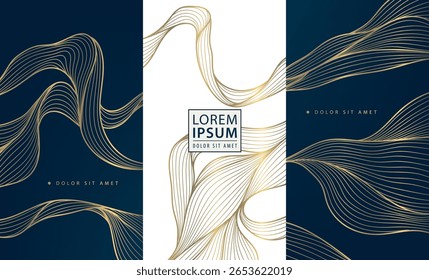 Conjunto vetorial de ondas de linha cartões asiáticos, ouro elegante sobre fundo preto, água abstrato padrão elegante. Modelo oriental do mar japonês, capa de vinho, ilustração art déco líquido