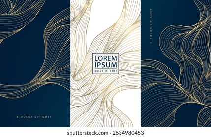 Vector set of line wave gold design, wine luxury labels, fancy cards, japanese graphic elements, art deco perfume package, box, ornament, premium banners.