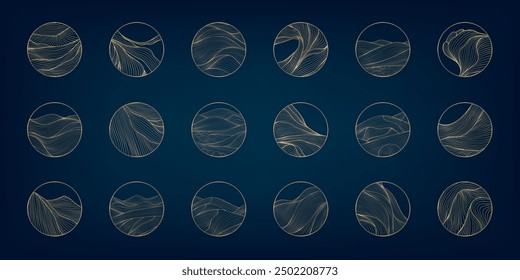 Vector set of line wave logos, circle water icons. Ocean, sea luxury golden symbols. Abstract shape simple elements, company emblem, spa, resort concept.