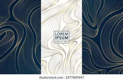 Vector set of line wave luxury patterns, fancy labels, wine package design. Gold on white and blue elegant japanese style graphic, curve ornament