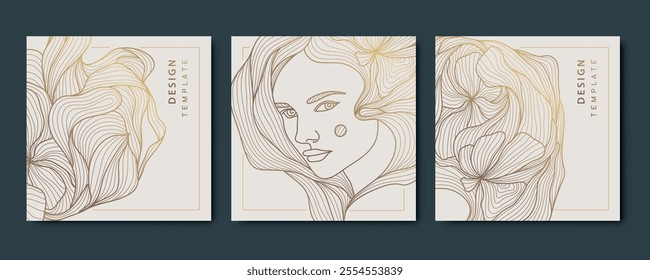 Vector set of line woman line cards, abstract beauty art deco portrait, hair salon, nature product package. Fashion feminine square posters