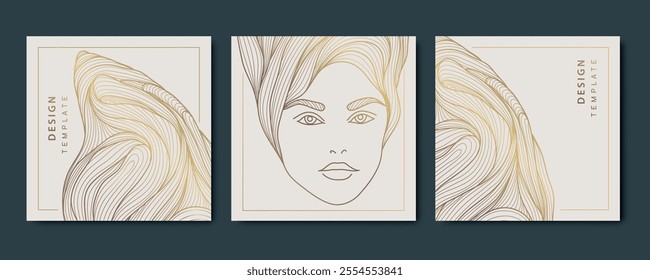 Vector set of line woman line cards, abstract beauty art deco portrait, hair salon, nature product package. Fashion feminine square posters