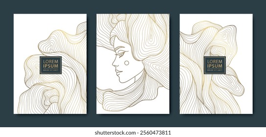Vector set of line woman line cards, abstract beauty art deco portrait, hair salon, nature product package. Fashion feminine square posters
