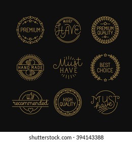 Vector set of linear badges and labels on black background - premium, must have, recommended, best choice