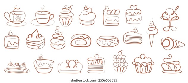 Vector set of linear bakery and dessert icons in pen line style: a cup of tea, coffee, various cakes, meringues, eclairs, pies, ice cream, mousse, cream, cupcake, donut, roll, basket, tube with cream.