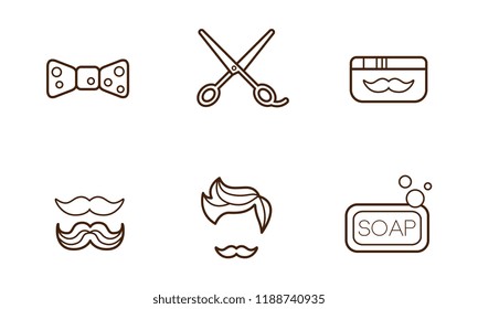 Vector set of linear barber shop icons. Bow-tie, scissors, soap, jar of wax, stylish haircut and mustache