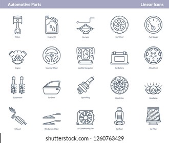 Vector set of linear black modern icons composed on white background and showing different auto parts and components. Use for car service or auto repair web and mobile app. Engine, suspension, battery