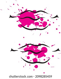 Conjunto de vectores: esbozo negro lineal de labios y manchas rosadas con salpicaduras y gotas. Elemento para la impresión de diseño, tarjeta, afiche, ilustración sobre maquillaje, arte, creatividad.