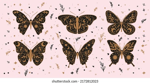 Vector set of linear Boho Butterflies, stars, moon, and sun - folk art design elements for decoration or logo design templates in modern minimalist style.