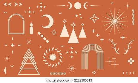  Vector set of linear Boho Christmas elements. Hand drawn elements for decoration in modern minimalist style for social media posts.