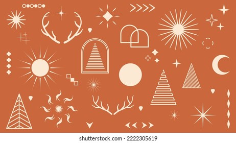 Vector set of linear Boho Christmas elements. Hand drawn elements for decoration in modern minimalist style for social media posts.