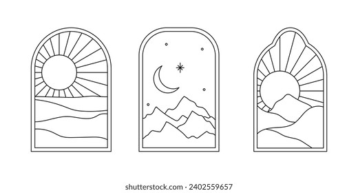 Vector set of linear boho frames with mountains, landscapes, deserts or sea. Travel emblems, symbols in trendy minimal bohemian and oriental style for social media, invitations, branding, stories