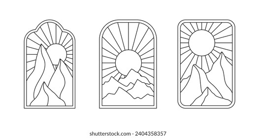 Vector set of linear boho frames with mountains, landscapes, deserts or sea. Travel emblems, symbols in trendy minimal bohemian and oriental style for social media, invitations, branding, stories