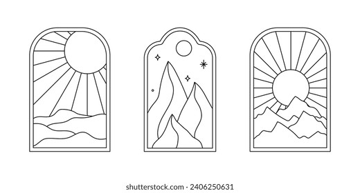 Vector set of linear boho frames with mountains, landscapes, deserts or sea. Travel emblems, symbols in trendy minimal bohemian and oriental style for social media, invitations, branding, stories