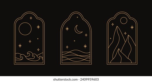 Vector set of linear boho frames with mountains, landscapes, deserts or sea. Travel emblems, symbols in trendy minimal bohemian and oriental style for social media, invitations, branding, stories