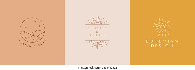 Vector set of linear boho icons and symbols - sun logo design templates  - abstract design elements for decoration in modern minimalist style for social media posts, stories, for artisan jewellery, ha