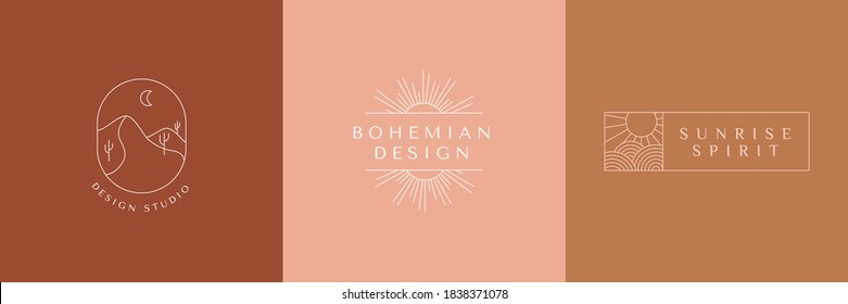 Vector set linear boho icons   symbols    sun logo design templates     abstract design elements for decoration in modern minimalist style for social media posts  stories  for artisan jewellery  ha