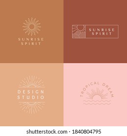 Vector set of linear boho icons and symbols - sun logo design templates  - abstract design elements for decoration in modern minimalist style for social media posts, stories, for artisan jewellery, ha