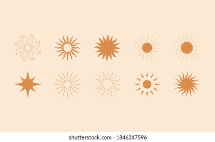 Vector set of linear boho icons and symbols - sun logo design templates  and prints - abstract design elements for decoration in modern minimalist style for social media posts, stories