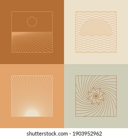 Vector set of linear boho icons and symbols - sun logo design templates  and pritns - abstract design elements for decoration in modern minimalist style for social media posts, stories, for artisan je