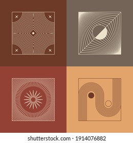 Vector set of linear boho icons and symbols - sun logo design templates  and pritns - abstract design elements for decoration in modern minimalist style for social media posts, stories, for artisan je