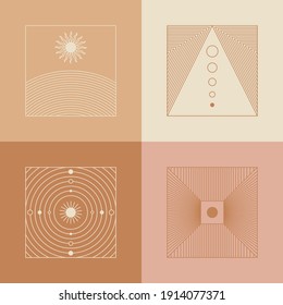 Vector set of linear boho icons and symbols - sun logo design templates  and pritns - abstract design elements for decoration in modern minimalist style for social media posts, stories, for artisan je