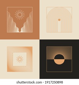 Vector set of linear boho icons and symbols - sun logo design templates  and pritns - abstract design elements for decoration in modern minimalist style for social media posts, stories, for artisan je