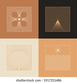 Vector set of linear boho icons and symbols - sun logo design templates  and pritns - abstract design elements for decoration in modern minimalist style for social media posts, stories, for artisan je