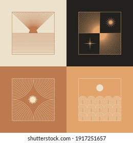 Vector set of linear boho icons and symbols - sun logo design templates  and pritns - abstract design elements for decoration in modern minimalist style for social media posts, stories, for artisan je