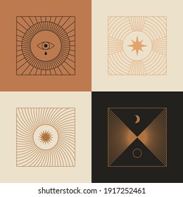 Vector set of linear boho icons and symbols - sun logo design templates  and pritns - abstract design elements for decoration in modern minimalist style for social media posts, stories, for artisan je