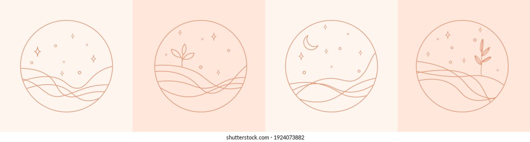 Vector set of linear boho icons and symbols - star, moon, tree logo design templates - abstract design elements for decoration in modern minimalist style