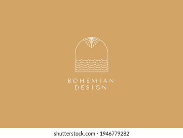 Vector set of linear boho icons and symbols - sun logo design templates - abstract design elements for decoration in modern minimalist style