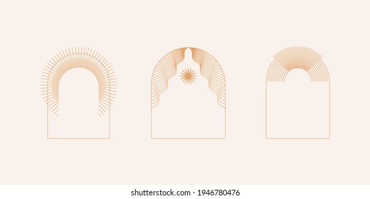 Conjunto de vectores de iconos y símbolos lineales de boho - plantillas e impresiones de diseño del logotipo del sol - elementos de diseño abstractos para la decoración en un estilo minimalista moderno