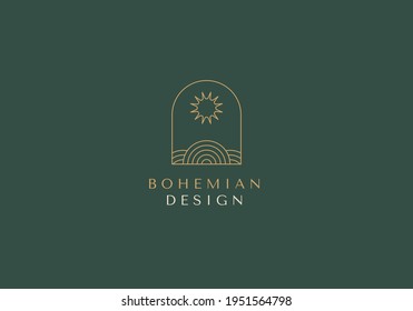 Vector set of linear boho icons and symbols - sun logo design templates - abstract design elements for decoration in modern minimalist style