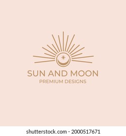 Vector set of linear boho icons and symbols - sun and moon logo design templates - abstract design elements for decoration in modern minimalist style for social media posts, for artisan jewellery,