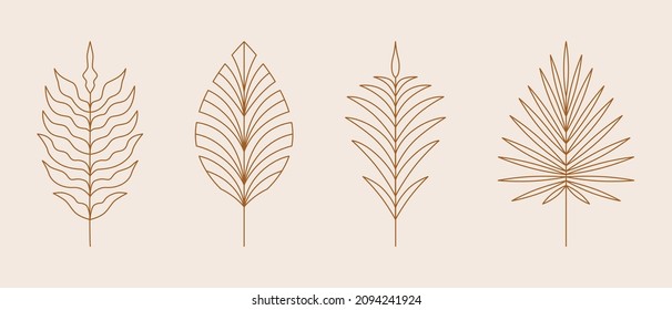 Vector set of linear boho icons and symbols - leaf logo design templates - abstract design elements for decoration in modern minimalist style