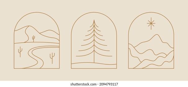 Vector set of linear boho icons and symbols - sun logo design templates - abstract design elements for decoration in modern minimalist style
